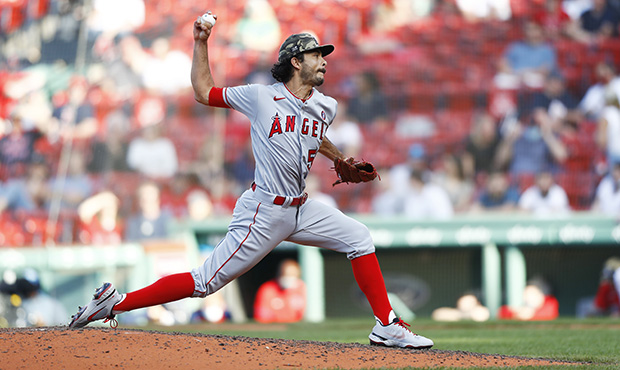 Relief pitcher Noe Ramirez #56 of the Los Angeles Angels pitches in the bottom of the sixth inning ...