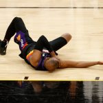 PHOENIX, ARIZONA - MAY 23: Chris Paul #3 of the Phoenix Suns falls to the floor after an injury during the first half of Game One of the Western Conference first-round playoff series against the Los Angeles Lakers at Phoenix Suns Arena on May 23, 2021 in Phoenix, Arizona. NOTE TO USER: User expressly acknowledges and agrees that, by downloading and or using this photograph, User is consenting to the terms and conditions of the Getty Images License Agreement.  (Photo by Christian Petersen/Getty Images)