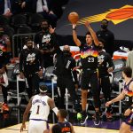 PHOENIX, ARIZONA - MAY 23: Cameron Johnson #23 of the Phoenix Suns puts up a three-point shot against the Los Angeles Lakers during the first half of Game One of the Western Conference first-round playoff series at Phoenix Suns Arena on May 23, 2021 in Phoenix, Arizona. NOTE TO USER: User expressly acknowledges and agrees that, by downloading and or using this photograph, User is consenting to the terms and conditions of the Getty Images License Agreement.  (Photo by Christian Petersen/Getty Images)