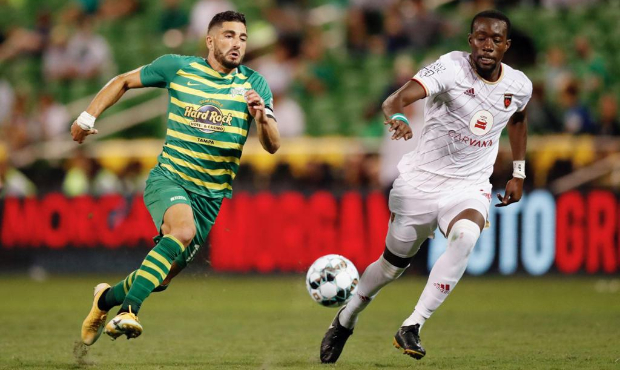Phoenix Rising FC center back Tobi Adewole (right) in a 2-1 loss to Tampa Bay Rowdies at Al Lang St...