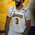 Los Angeles Lakers forward Anthony Davis celebrates after scoring during the second half of the team's NBA basketball game against the Phoenix Suns on Sunday, May 9, 2021, in Los Angeles. (AP Photo/Marcio Jose Sanchez)