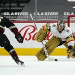 Vegas Golden Knights goaltender Marc-Andre Fleury (29) makes a save on a shot by Arizona Coyotes center Lane Pederson (93) during the second period of an NHL hockey game Saturday, May 1, 2021, in Glendale, Ariz. (AP Photo/Ross D. Franklin)