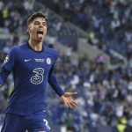 
              Chelsea's Kai Havertz celebrates after scoring his side's opening goal during the Champions League final soccer match between Manchester City and Chelsea at the Dragao Stadium in Porto, Portugal, Saturday, May 29, 2021. (Jose Coelho/Pool via AP)
            