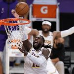 Los Angeles Lakers center Montrezl Harrell dunks during the second half of the team's NBA basketball game against the Phoenix Suns on Sunday, May 9, 2021, in Los Angeles. (AP Photo/Marcio Jose Sanchez)