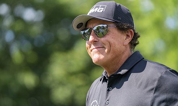 Phil Mickelson smiles to the crowd after the third hole during the first round of the Wells Fargo C...