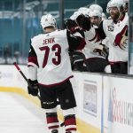 Arizona Coyotes right wing Jan Jenik (73) is congratulated after scoring a goal against the San Jose Sharks during the second period of an NHL hockey game in San Jose, Calif., Saturday, May 8, 2021. (AP Photo/John Hefti)