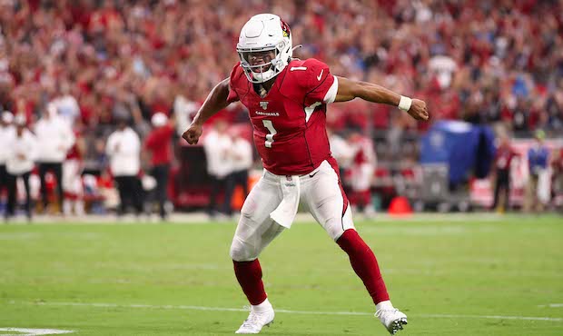 Quarterback Kyler Murray #1 of the Arizona Cardinals celebrates after converting a two-point conver...