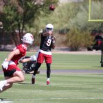 Arizona Cardinals quarterback Cole McDonald throws to tight end Bruno Labelle during rookie minicamp Friday, May 14, 2021, in Tempe, Ariz. (Tyler Drake/Arizona Sports)