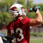 Arizona Cardinals tight end Bernhard Seikovits grabs a drink of water during rookie minicamp Friday, May 14, 2021, in Tempe, Ariz. (Tyler Drake/Arizona Sports)
