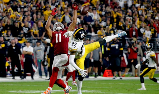 Pittsburgh Steelers cornerback Steven Nelson (22) breaks up a pass to Arizona Cardinals wide receiv...