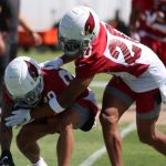 Arizona Cardinals cornerback Marco Wilson and wide receiver Andre Baccellia run through drills during rookie minicamp Friday, May 14, 2021, in Tempe, Ariz. (Tyler Drake/Arizona Sports)