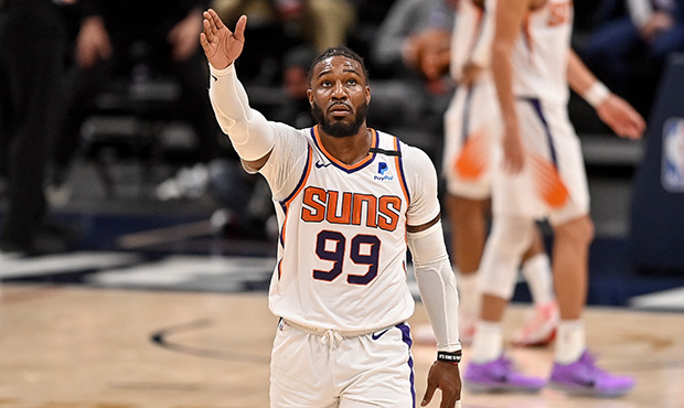 Jae Crowder #99 of the Phoenix Suns signals possession against the Denver Nuggets in Game Four of t...