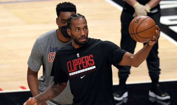 Kawhi Leonard #2 of the Los Angeles Clippers warms up before the start of Game Four of the Western ...