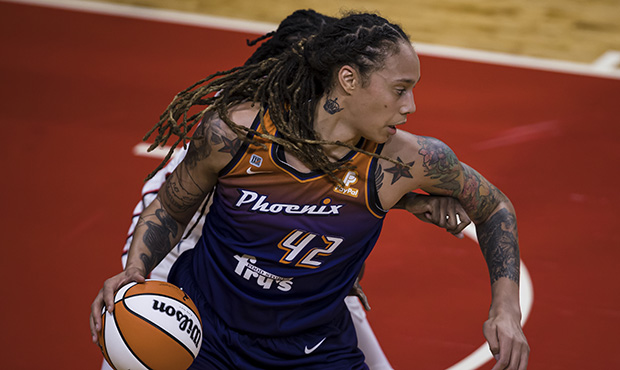 Brittney Griner #42 of the Phoenix Mercury in action against the Washington Mystics during the seco...