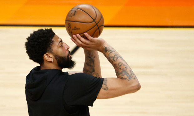 Anthony Davis #3 of the Los Angeles Lakers warms up before Game Five of the Western Conference firs...