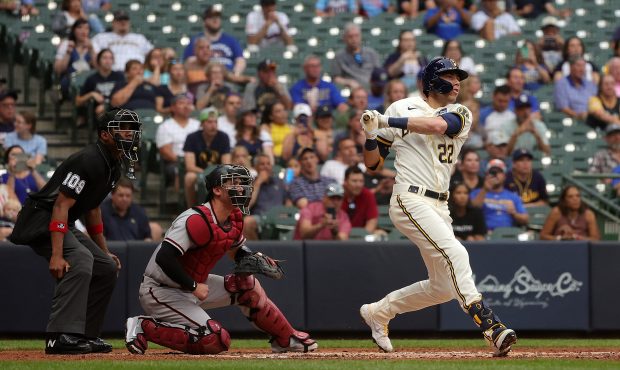 Christian Yelich of the Milwaukee Brewers hits a three run home run during the third inning against...