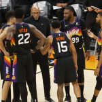 PHOENIX, ARIZONA - JUNE 22: Head Coach Monty Williams of the Phoenix Suns speaks to his team during the third quarter in game two of the NBA Western Conference finals at Phoenix Suns Arena on June 22, 2021 in Phoenix, Arizona. NOTE TO USER: User expressly acknowledges and agrees that, by downloading and or using this photograph, User is consenting to the terms and conditions of the Getty Images License Agreement.  (Photo by Christian Petersen/Getty Images)
