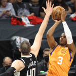 Chris Paul of the Phoenix Suns shoots against Ivica Zubac of the LA Clippers during the first half of game three of the Western Conference Finals at Staples Center on June 24, 2021 in Los Angeles, California.  (Photo by Harry How/Getty Images)