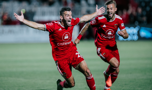 Phoenix Rising FC midfielder Joey Calistri celebrates after his late equalizer against San Diego Lo...