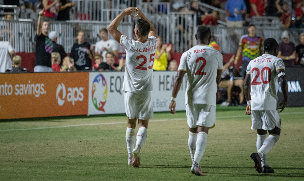 Phoenix Rising FC midfielder and Valley native Tate Schmitt (No. 25) salutes his family in the crow...