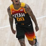 Utah Jazz guard Jordan Clarkson celebrates after scoring 3-pointer against the Los Angeles Clippers during the second half of Game 1 of a second-round NBA basketball playoff series Tuesday, June 8, 2021, in Salt Lake City. (AP Photo/Rick Bowmer)