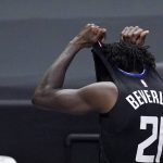 Los Angeles Clippers guard Patrick Beverley takes off his jersey after being ejected from Game 6 of the NBA basketball Western Conference Finals against the Phoenix Suns Wednesday, June 30, 2021, in Los Angeles. (AP Photo/Mark J. Terrill)