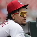St. Louis Cardinals Carlos Martinez watches the action from the bench in the seventh inning of a baseball game against the Arizona Diamondbacks, Wednesday, June 30, 2021, in St. Louis. (AP Photo/Tom Gannam)