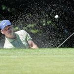 Paul Casey hits from a bunker onto the 10th green during the first round of the Travelers Championship golf tournament at TPC River Highlands, Thursday, June 24, 2021, in Cromwell, Conn. (AP Photo/John Minchillo)