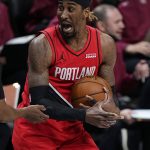 Portland Trail Blazers forward Rondae Hollis-Jefferson (2) reacts during the second half of Game 5 of a first-round NBA basketball playoff series against the Denver Nuggets on Tuesday, June 1, 2021, in Denver. (AP Photo/Jack Dempsey)