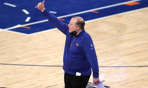 New York Knicks coach Tom Thibodeau gestures during the second half against the Charlotte Hornets i...