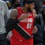 Portland Trail Blazers forward Carmelo Anthony (00) celebrates a 3-point basket against the Denver Nuggets in the first half of Game 5 of a first-round NBA basketball playoff series Tuesday, June 1, 2021, in Denver. (AP Photo/Jack Dempsey)