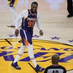 Phoenix Suns forward Jae Crowder (99) reacts after scoring during the fourth quarter of Game 6 of an NBA basketball first-round playoff series against the Los Angeles Lakers Thursday, June 3, 2021, in Los Angeles. (AP Photo/Ashley Landis)