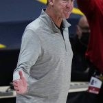 Portland Trail Blazers head coach Terry Stotts reacts to a missed call against the Denver Nuggets in the first half of Game 5 of a first-round NBA basketball playoff series Tuesday, June 1, 2021, in Denver. (AP Photo/Jack Dempsey)