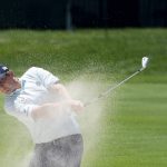 Henrik Norlander hits from a bunker on the ninth hole during the first round of the Travelers Championship golf tournament at TPC River Highlands, Thursday, June 24, 2021, in Cromwell, Conn. (AP Photo/John Minchillo)