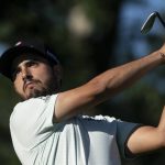 Abraham Ancer watches his shot from the 11th tee during the first round of the Travelers Championship golf tournament at TPC River Highlands, Thursday, June 24, 2021, in Cromwell, Conn. (AP Photo/John Minchillo)