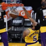 Los Angeles Lakers guard Talen Horton-Tucker (5) dunks the ball during the fourth quarter of Game 6 of an NBA basketball first-round playoff series Phoenix Suns Thursday, June 3, 2021, in Los Angeles. (AP Photo/Ashley Landis)