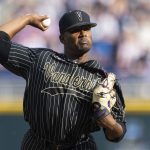 
              Vanderbilt starting pitcher Kumar Rocker throws against Arizona in the first inning during a baseball game in the College World Series, Saturday, June 19, 2021, at TD Ameritrade Park in Omaha, Neb. (AP Photo/Rebecca S. Gratz)
            