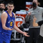 Denver Nuggets center Nikola Jokic (15) reacts to a non-call against the Portland Trail Blazers during the second half of Game 5 of a first-round NBA basketball playoff series Tuesday, June 1, 2021, in Denver. (AP Photo/Jack Dempsey)