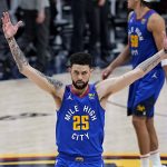 Denver Nuggets guard Austin Rivers (25) celebrates the team's double-overtime win against the Portland Trail Blazers in Game 5 of a first-round NBA basketball playoff series Tuesday, June 1, 2021, in Denver. (AP Photo/Jack Dempsey)