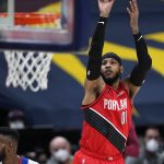 Portland Trail Blazers forward Carmelo Anthony shoots against the Denver Nuggets during the second half of Game 5 of a first-round NBA basketball playoff series Tuesday, June 1, 2021, in Denver. (AP Photo/Jack Dempsey)
