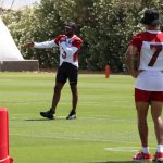 Cornerback Byron Murphy (7) listens in on safety Budda Baker (3) during the Cardinals' first day of voluntary OTAs on Wednesday, June 2, 2021, in Tempe. (Tyler Drake/Arizona Sports)