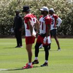 Cornerback Byron Murphy (7) chats with CB Malcolm Butler (21) during the Cardinals' first day of voluntary OTAs on Wednesday, June 2, 2021, in Tempe. (Tyler Drake/Arizona Sports)