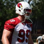 Defensive lineman J.J. Watt looks on during the Cardinals' first day of mandatory minicamp on Tuesday, June 8, 2021, in Tempe. (Tyler Drake/Arizona Sports)