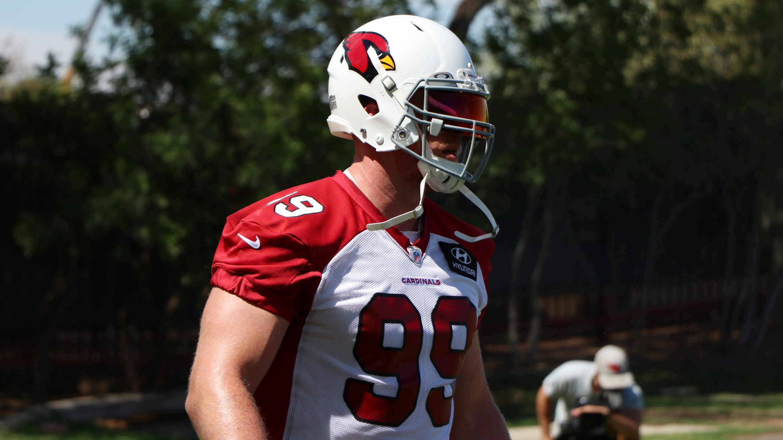 Defensive lineman J.J. Watt looks on during the Cardinals' first day of mandatory minicamp on Tuesd...