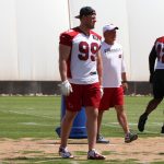 Defensive end J.J. Watt looks on during the Cardinals' first day of voluntary OTAs on Wednesday, June 2, 2021, in Tempe. (Tyler Drake/Arizona Sports)