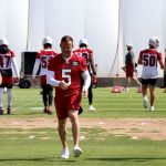 Wide receiver Andy Isabella (17), kicker Matt Prater (5) and wide receiver Antoine Wesley stretch during Day 2 of Cardinals mandatory minicamp on Wednesday, June 9, 2021, in Tempe. (Tyler Drake/Arizona Sports)