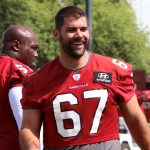 Offensive lineman Justin Pugh cracks a smile during Day 2 of Cardinals minicamp Wednesday, June 9, 2021, in Tempe. (Tyler Drake/Arizona Sports)
