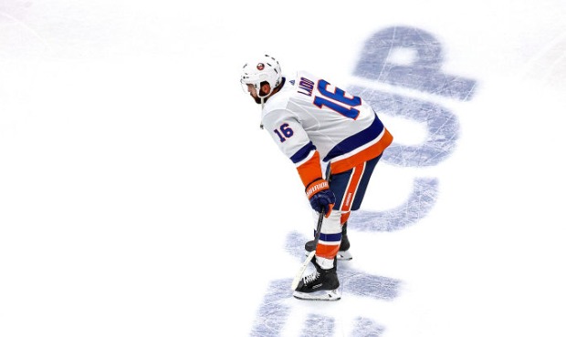 Andrew Ladd #16 of the New York Islanders skates in warm-ups prior to Game Two of the Eastern Confe...