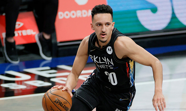 Landry Shamet #20 of the Brooklyn Nets dribbles during the second half against the Chicago Bulls at...