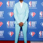 NEW YORK, NEW YORK - JULY 29: Evan Mobley poses for photos on the red carpet during the 2021 NBA Draft at the Barclays Center on July 29, 2021 in New York City. (Photo by Arturo Holmes/Getty Images)
